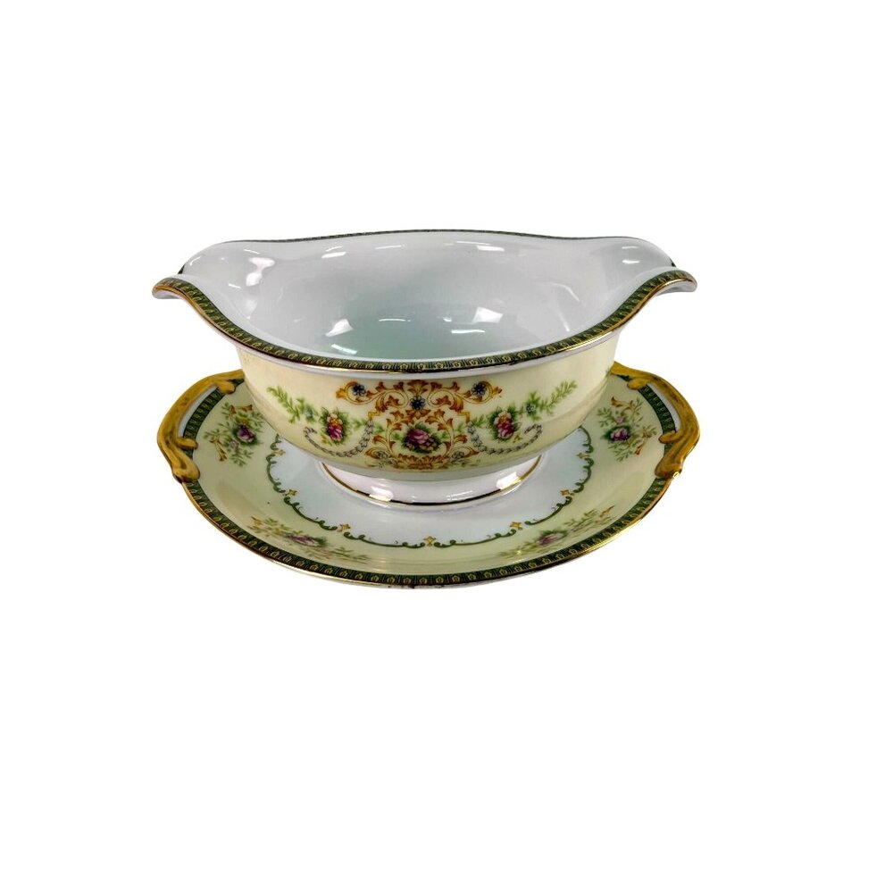 Vintage Meito China Gravy Sauce Boat w/ Underplate Charm Pattern Gold Trim Japan